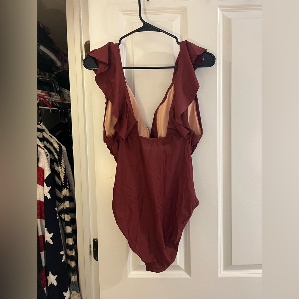 J. Crew Brown Ruffle V-Neck One-Piece Swimsuit sz 12 - Picture 3 of 5